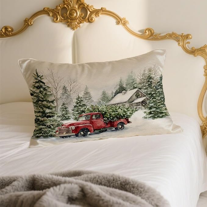 Imitation Silk Pillow Case for Hair and Skin Xmas Snowflake Vintage Red Truck 1 Pack Satin Pillow Case Standard Size with Hidden Zipper Smooth Cooling Pillow Cover for Sleeping 20”x26”