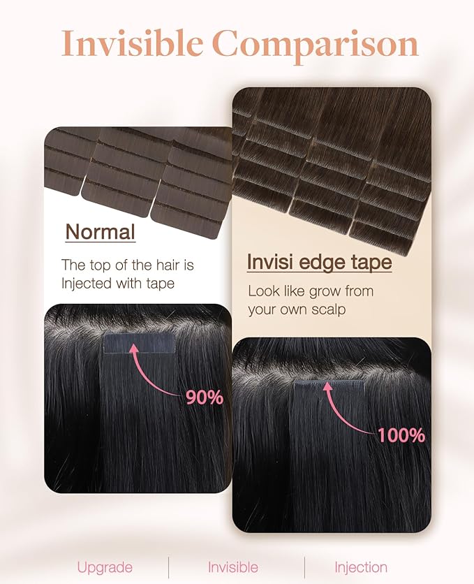 GOO GOO Invisi Edge Tape in Hair Extensions Human Hair, 4A Chocolate Brown 20pcs 22inch 50g, Virgin Remy Hair, Seamless Injected Tape, Natural Look