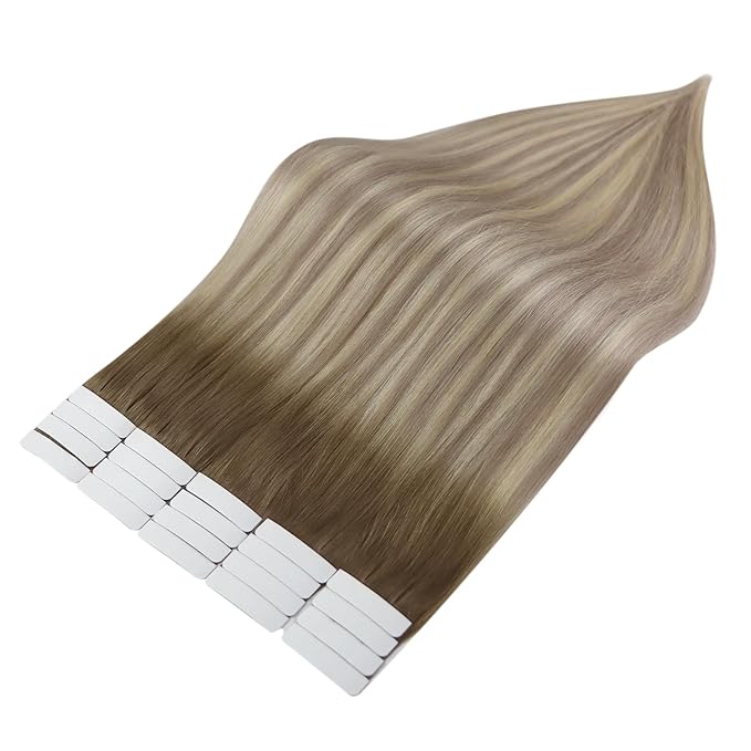 Full Shine 20 Inch Tape in Extensions Invisible Tape in Hair Extensions Human Hair Color 8 Ash Brown Fading To 60 Platinum Blonde and 18 Ash Blonde Hair Extensions Tape in 20 Pcs 50G for Women