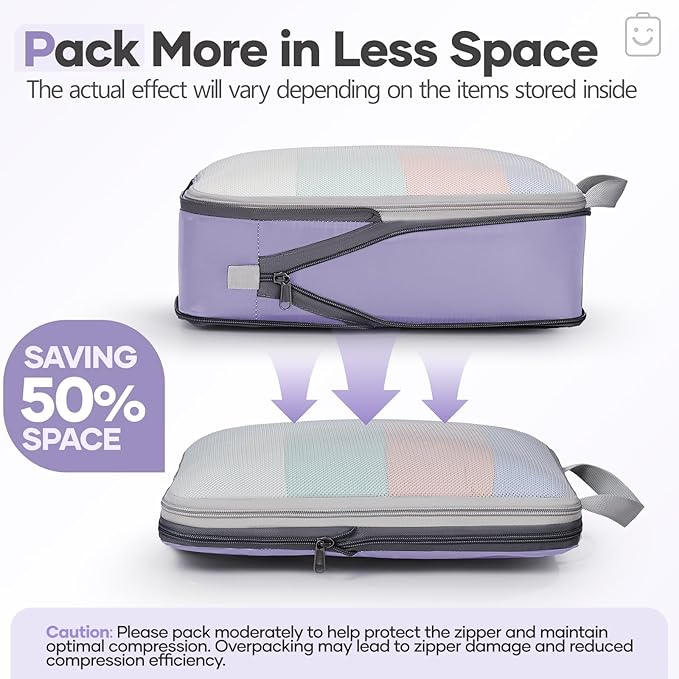 Veken 9/11 Set Compression Packing Cubes for Travel Essentials,Compressible Expandable Large Luggage Suitcase Organizer Bags for Clothing,Durable Space Saver Storage Bags(Purple Gray)
