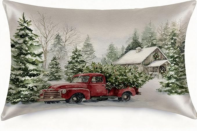 Imitation Silk Pillow Case for Hair and Skin Xmas Snowflake Vintage Red Truck 1 Pack Satin Pillow Case Standard Size with Hidden Zipper Smooth Cooling Pillow Cover for Sleeping 20”x26”