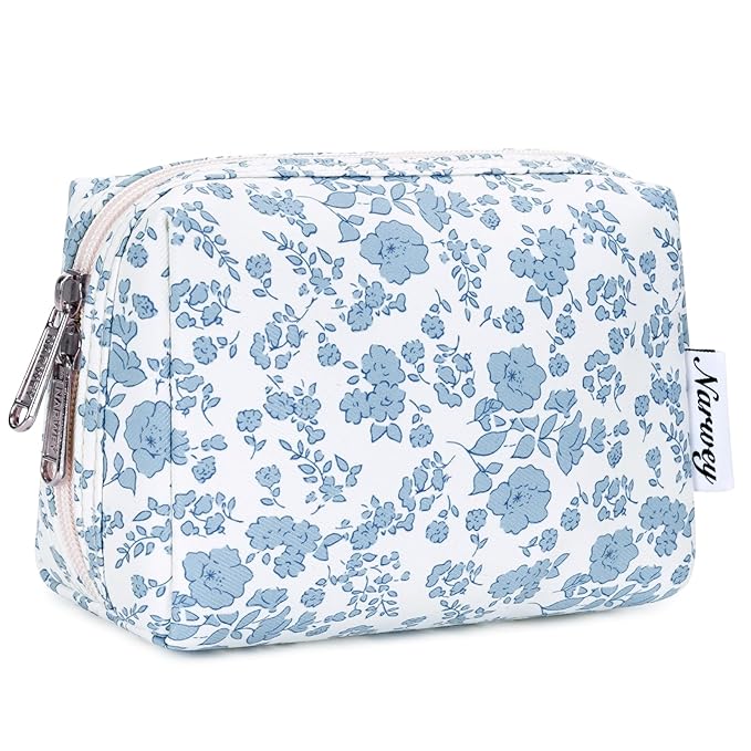 Narwey Small Cute Floral Makeup Bag for Purse Mini Cosmetic Bag Travel Makeup Pouch Zipper Pouch Cute Make up Bags with Compartments for Women Girls (Little Blue Flower, Small)