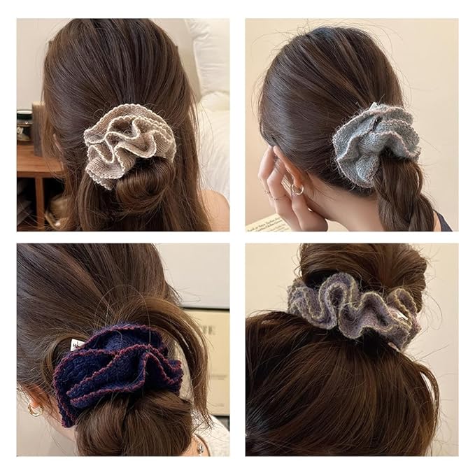 2 Pcs Soft Fabric Scrunchies for Hair,3.9 inch Medium Elastic Hair Ties Ropes Crochet Knit Silky Scrunchie for Women-Mixed Color 1