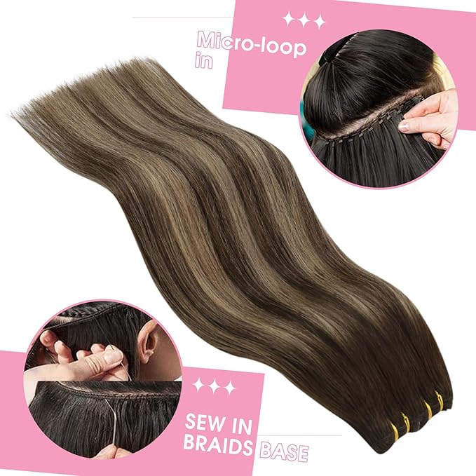 YoungSee 100g Weft Hair Extensions Human Hair Brown Balayage Sew in Hair Extensions Real Human Hair Dark Brown Mix Caramel Blonde Balayage Short Human Hair Weft Extensions 14In