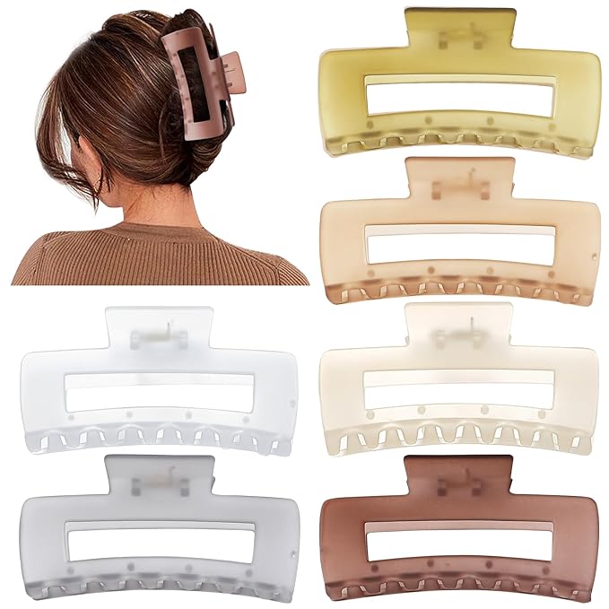 4 Inch Big Hair Claw Clips 6 Pcs Large Claw for Thick Hair Square Hair Clips for Women Rectangle Hair Clips Nonslip Acrylic Banana Jaw Clips Hair Accessories for Girls (Tea)