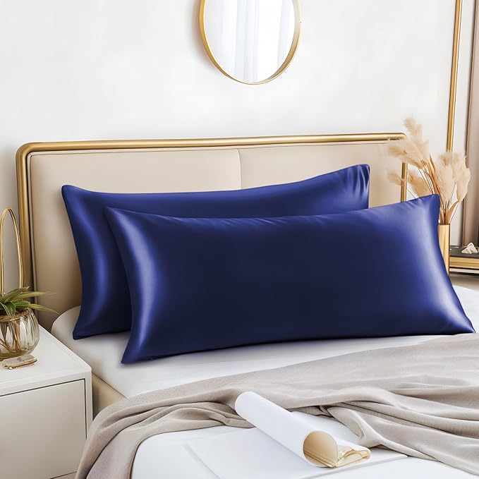 BEDELITE Satin Body Pillow Cover 2 Pack, Super Soft and Cooling Body Pillow Pillowcase for Hair and Skin, Breathable Silky Full Long Pillowcase Cover(20"x54", Navy)