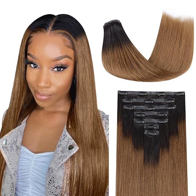 Lashey Seamless Clip in Hair Extensions Human Hair 110g 7pcs Light Yaki Straight Ombre Natural Black to Medium Auburn Clip in Hair Extensions with Invise Edge 22 Inch Remy Human Hair Extensions
