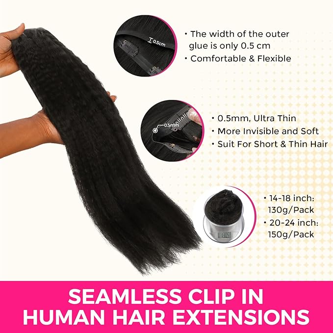 Lashey Seamless Clip in Hair Extensions Human Hair 150g 9pcs 20 Inch Kinky Straight Natural Black Real Human Hair Clip in Hair Extensions with Soft PU Weft