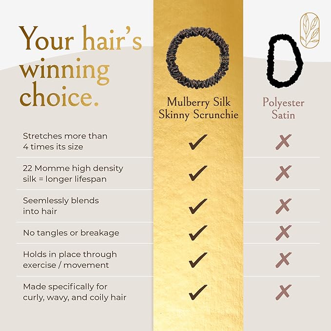 Mulberry Silk Skinny Hair Match Scrunchies for Women, Anti-Breakage Hair Ties for Curly, Thick & Thin Hair, 100% Silk, Satin Hair Scrunchies for Buns & Ponytails, Brown/Medium/Deep Brunette, 4-Pack