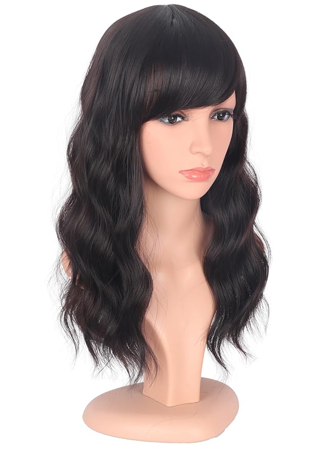 Medium Length Dark Brown Wavy Wigs With Bangs For Women - Heat Resistant Synthetic Brown Wigs For Daily Use (DARK BROWN(2#))