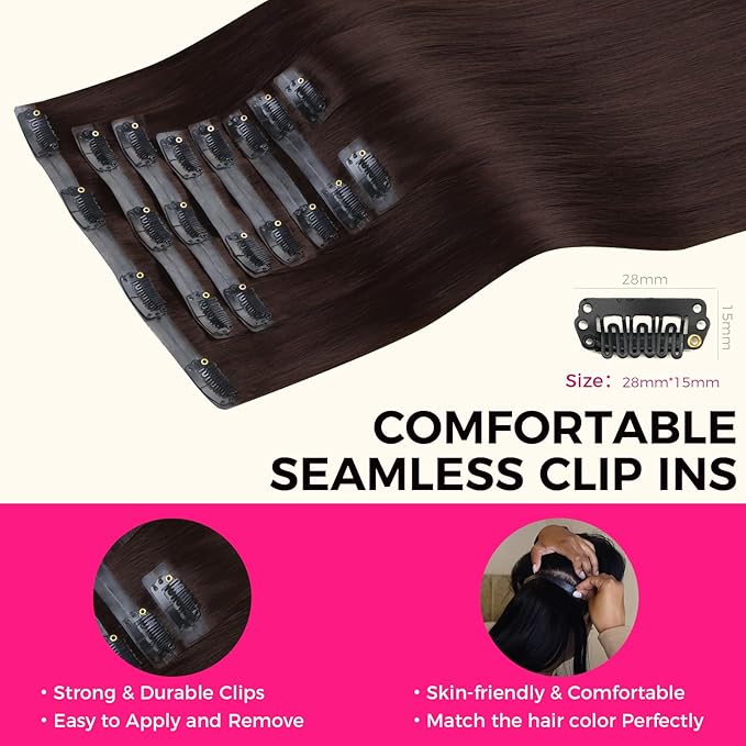 Lashey Seamless Clip in Hair Extensions Human Hair 150g 9pcs #2 Dark Brown Straight 24 Inch Human Hair Clip in Extensions for Women