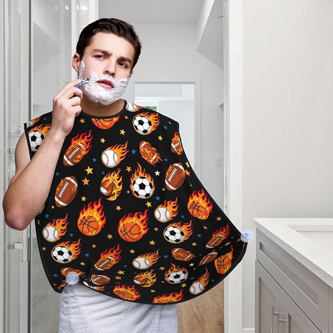 Beard Trimming Hair Catcher, Fire Ball Soccer Basketball Baseball Football Sport Shave Bib, Non-Stick Bib Apron Waterproof, Shaving Tool for Men for Husband Father’s Day