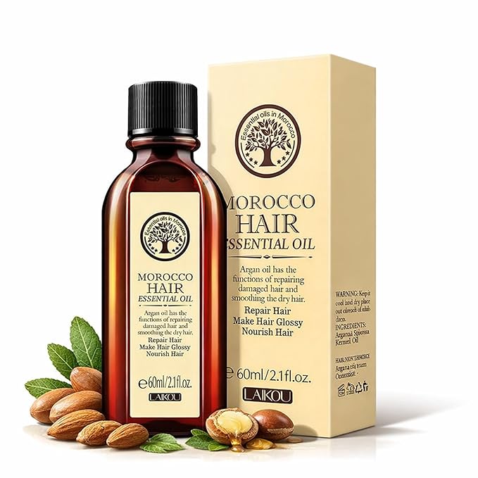 LAIKOU Moroccan Argan Hair Oil – Lightweight Leave-In Smoothing Oil for Dry, Frizzy & Damaged Hair, Anti-Frizz Shine, Split Ends Care, Heat Protection – 60ml / 2.1 fl oz
