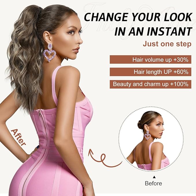 FLUFYMOOZ Ponytail Extension, 18 Inch Claw Clip Ponytail Extension, Wavy Curly Claw Clip in Ponytail Hair Extensions, Fake Ponytail Synthetic Hairpiece(Medium Brown with Medium Auburn)