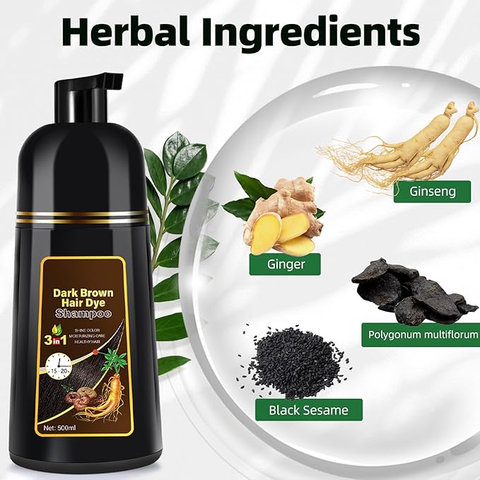 Dark Brown Hair Dye Shampoo 3 in 1 for Gray Coverage for Women/Men, Color Shampoo Instant Herbal Ingredients Semi Permanent