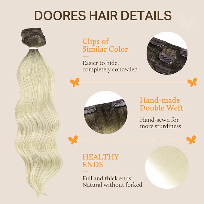 DOORES Clip in Hair Extensions, Human Hair, Light Ash Brown to Ash Blonde, 120g, 7pcs, 20 Inch, Remy Human Hair, Straight, Natural Clip in Extensions