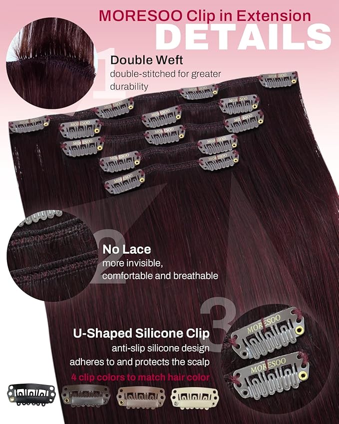 Moresoo Burgundy Clip in Hair Extensions Short Clip in Human Hair Extensions Red Wine for Women Real Human Hair Double Weft #99j Dark Red 80g/5pcs 12 inch