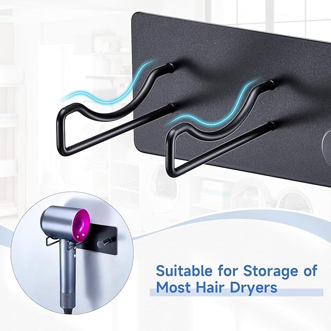 Hair Dryer Holder Wall Mounted, Universal Blow Dryer Holder, Hairdryer Storage Hanger with Plug&Cord Hook, Adhesive Hair Tool Organizer for Bathroom, Black