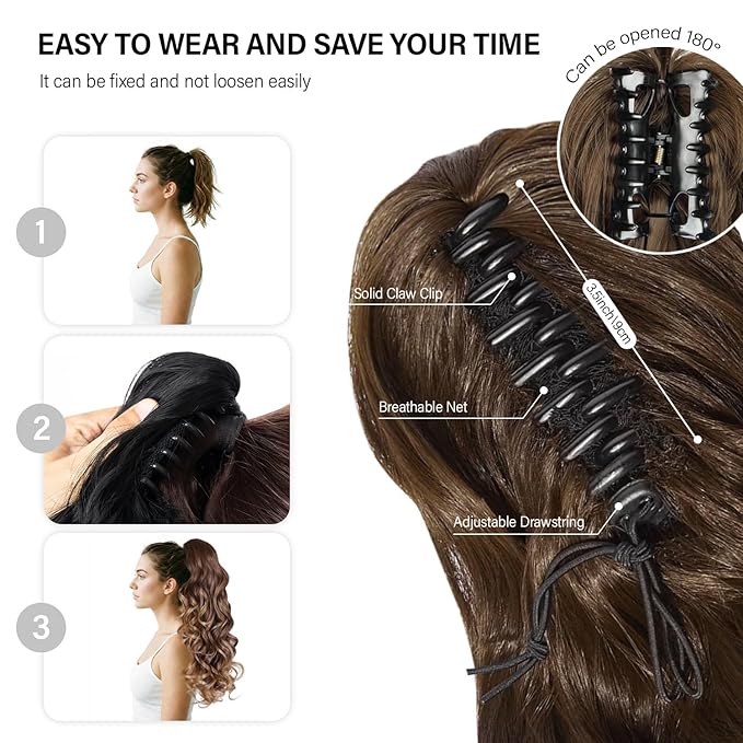 24 Inch Ponytail Extension, Clip on Ponytails for Women, Long Curly Wavy Ponytail Extensions for Women, Synthetic Layered Pony Tails Hair Extensions (Color: Brown with Blonde Highlights)