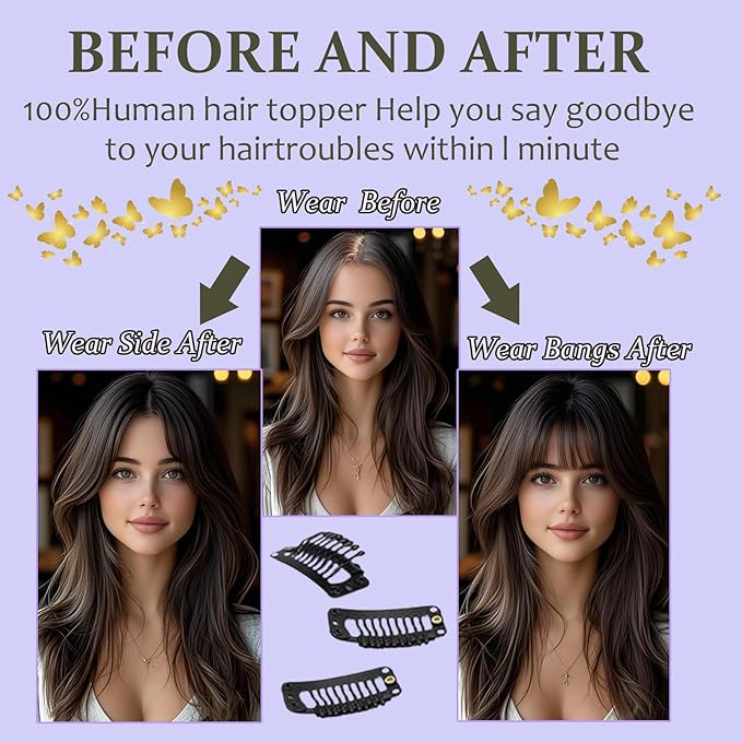 Hair Toppers for Women Real Human Hair, 360°3D Topper for Women with Thinning Crown Wispy Clip in Bangs Breathable Hand Tied Craft Big Coverage Hairpieces(Black（Big Coverage）, 12 Inch-3D-Wispy)