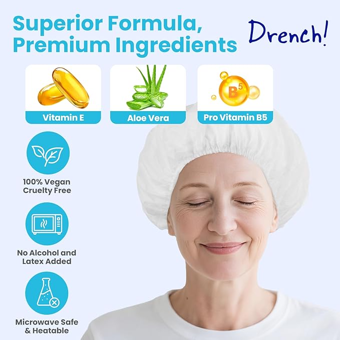 Drench! No Water Hair Washing Cap - Waterless Shower Caps with Shampoo and Conditioner - Disposable Rinse Free Wash Aids - Ideal for Elderly and Disabled - Pack of 12