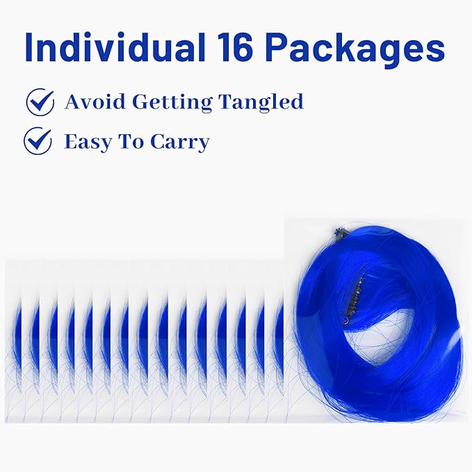 16 Pcs Colored Hair Extensions Curly Wavy Clip in Synthetic Hairpiece Streak for Girls Women Kid, Multi-colors Party Highlights Cosplay Festival Gift(Blue)