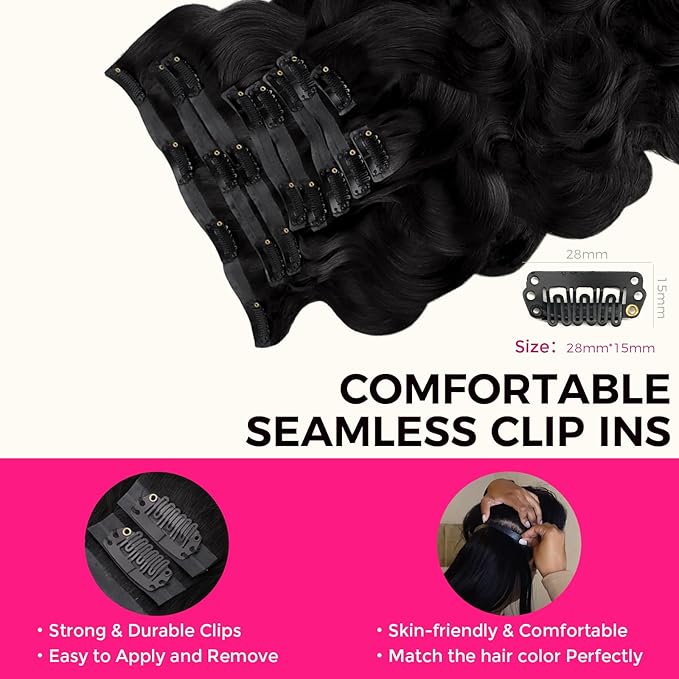 Lashey Seamless Clip in Hair Extensions Human Hair 130g 9pcs 14 Inch Body Wave #1 Jet Black Clip in Hair Extension for Women Natural Hair Extensions