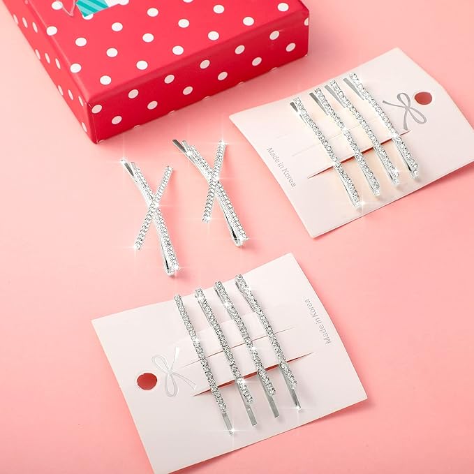 12 Pieces Rhinestone Bobby Pins Decorative Fancy Crystal Hair Clips Shiny Metal X Shaped Barrettes Bling Diamond Wedding Bridal Shower Hair Accessories for Women Ladies Girls (Silver)