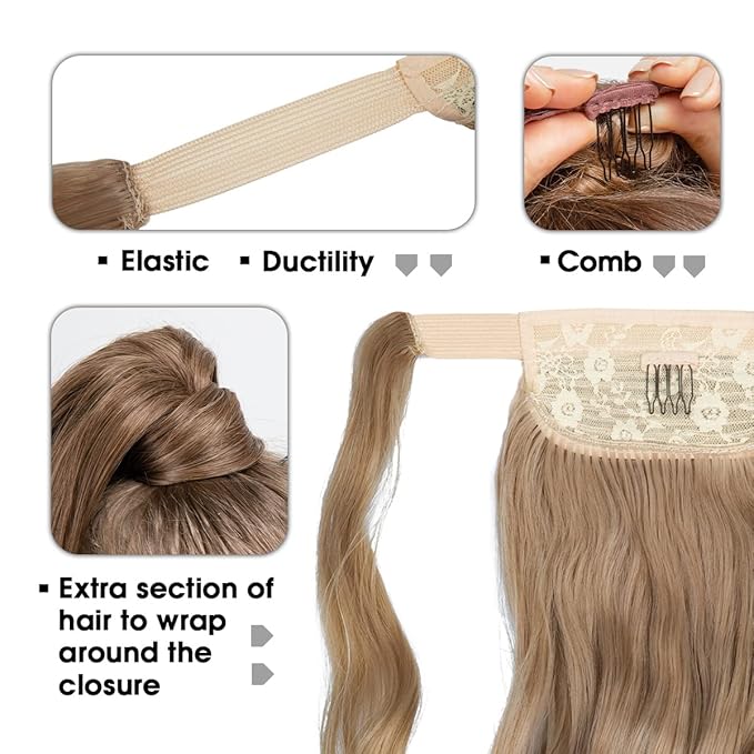 CJL HAIR 22" Long Ponytail Hair Extension Wrap Around Pony Tail Clip in Curly Wavy Synthetic Fake Hairpiece for Women Light Honet Blonde