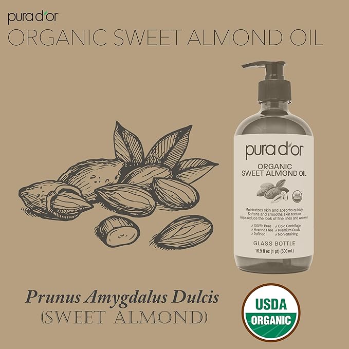 PURA D'OR 16.9 Oz ORGANIC Sweet Almond Oil (GLASS BOTTLE) 100% Pure & Natural USDA Certified Cold Pressed Carrier Oil For DIY Beauty - Non-Greasy, Unscented, Hexane Free Moisturizer - For Hair & Skin