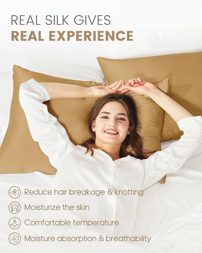 THXSILK Set of 2 Mulberry Silk Pillowcase for Hair and Skin, 100% Mulberry Silk Bed Pillowcase with Zipper, Soft Breathable Silk Pillow Case, King Size 20"x36" (Metallic Gold)