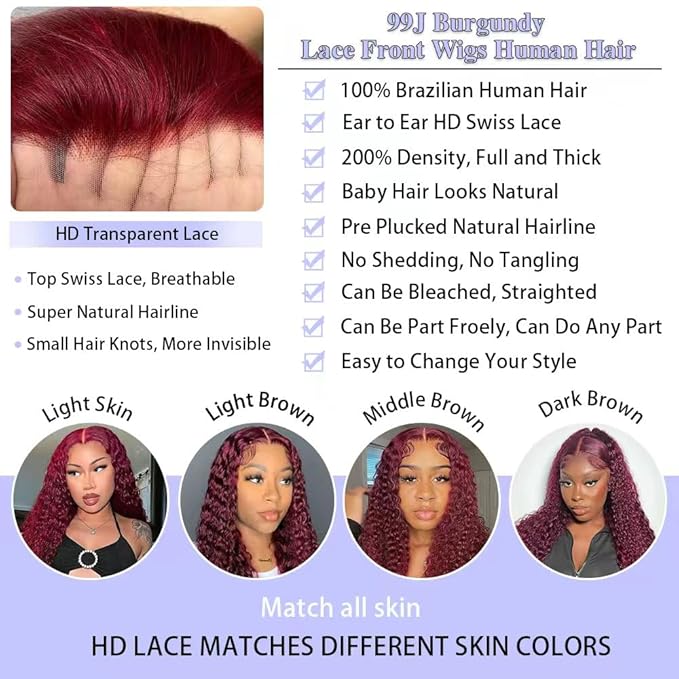 32 Inch Burgundy Wig Human Hair 13x6 Deep Wave HD Lace Front Wigs Human Hair 200 Density 99j Burgundy Lace Front Wigs Pre Plucked Red Colored Curly Wig with Baby Hair