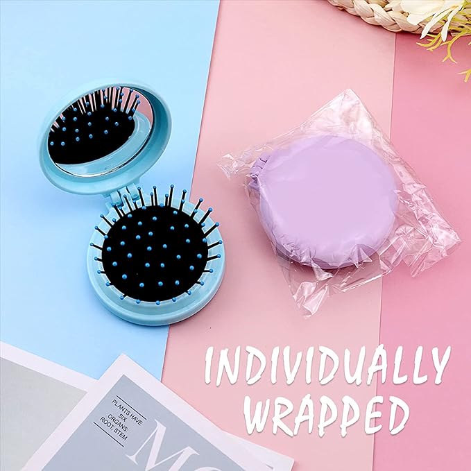 10 Pack Folding Travel Mirror Hair Brushes Round Folding Pocket Hair Brush Mini Hair Comb Compact Travel Size Hair Massage Combor Women and Girls (5Colors)