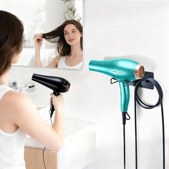 Hair Dryer Holder Wall Mounted, Universal Blow Dryer Holder, Hairdryer Storage Hanger with Plug&Cord Hook, Adhesive Hair Tool Organizer for Bathroom, Black