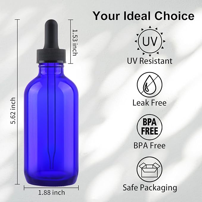 42 Pack 4oz Cobalt Blue Glass Bottles with Glass Eye Droppers for Essential Oils, Perfumes & Lab Chemicals (Brush, Funnels, 3 Extra Droppers, 48 Pieces Labels & 30ml Measuring Cup Included)