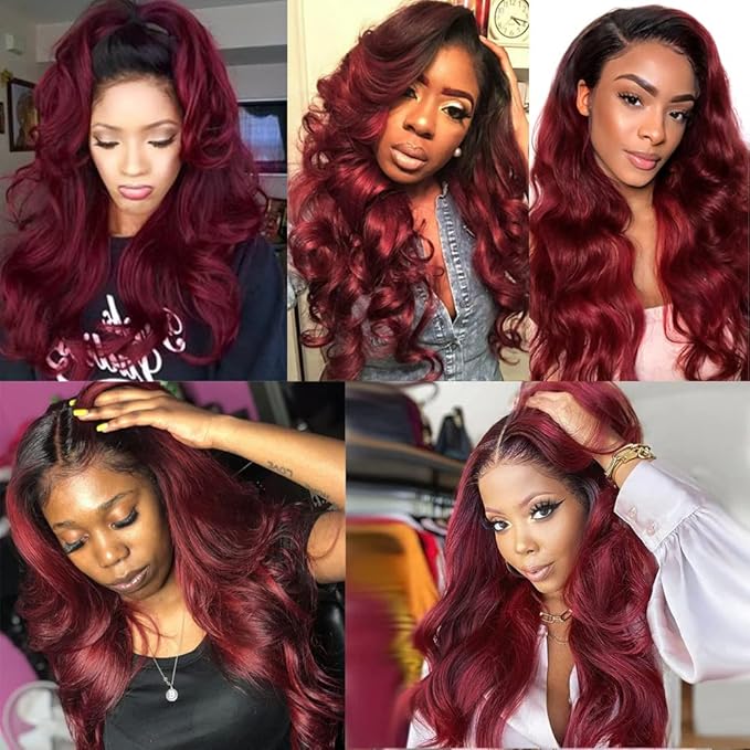 Burgundy Bundles Human Hair 99j Body Wave Bundle 20 22 24 Inch Brazilian Virgin Remy Hair Extensions Niegmeag 2 Tone Black and Red Body Wave Bundles Double Weft Hair Weave 300g