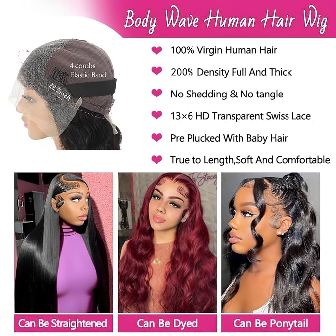 20 Inch 13x6 Lace Front Wigs Human Hair 200 Density Body Wave HD Lace Front Wigs Human Hair Pre Plucked Natural Color Glueless Wig 100% Virgin Human Hair Lace Front Wigs for Women
