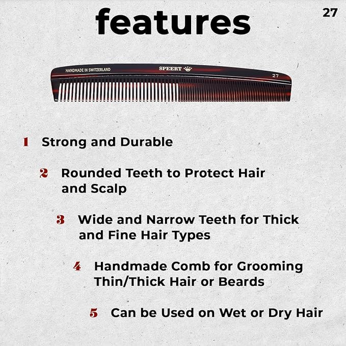 #27 Handmade Wide Narrow Tooth Comb Tortoise Havana Acetate Thick Coarse Curly Thin Fine Straight Hair Detangling Parting Grooming Teasing Hair Styling Hairdresser Barber Hairdressing Wet Dry