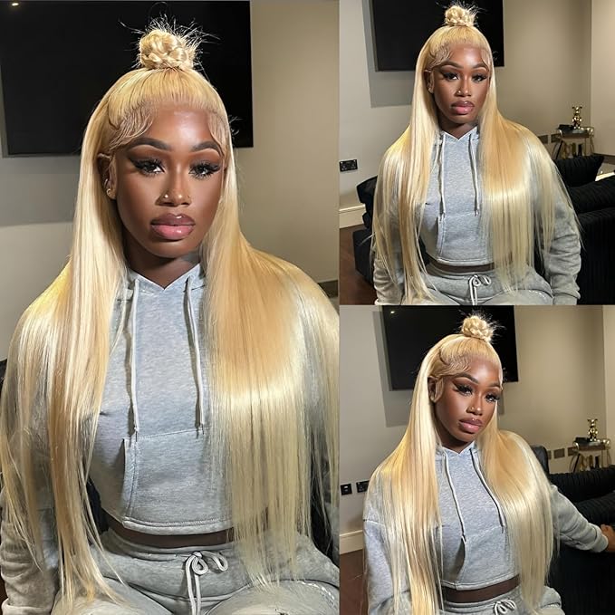 Hidden Strap Straight 360 613 Lace Front Wigs Human Hair Invisible Strap Pre Plucked 180% Density SALON-Quality Blonde Wig with Drawstring Glueless Wigs HD Full Lace Human Hair Wigs 30inch