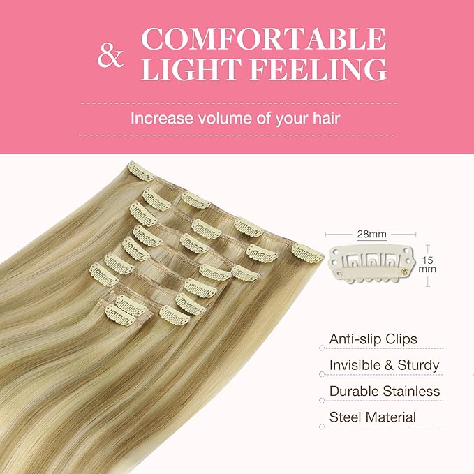 GOO GOO Clip in Hair Extensions Real Human Hair, Remy Human Hair Extensions Clip ins for Women, Natural Human Hair, 22inch 220g 9Pcs, #16/22 Light Blonde Highlighted Golden Blonde