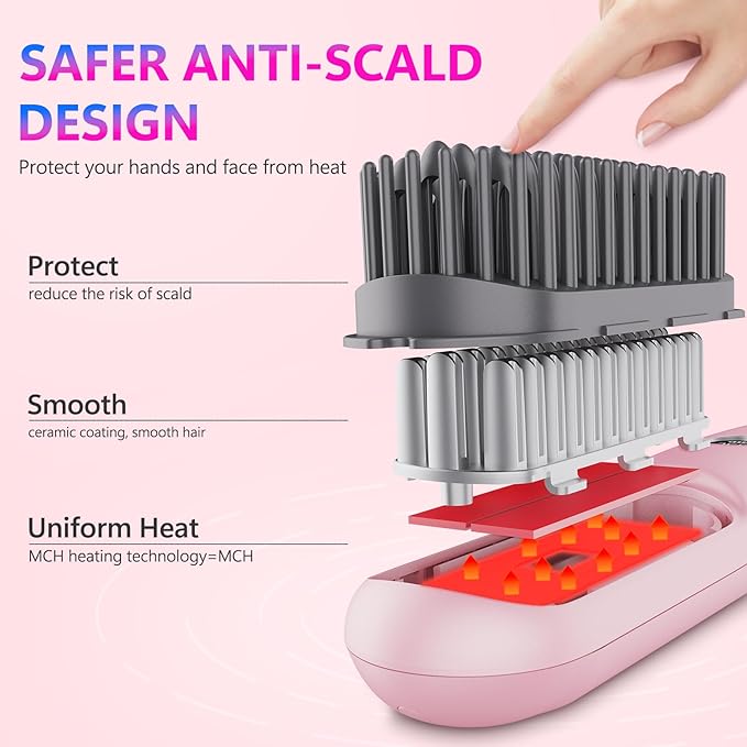 LCD Screen Cordless Hair Straightener Curler 2 in 1, Portable Mini Hair Straightening Brush for Travel Negative Ionic Fast Heating Hot Comb for Women, Folding Brush with Mirror, Pink