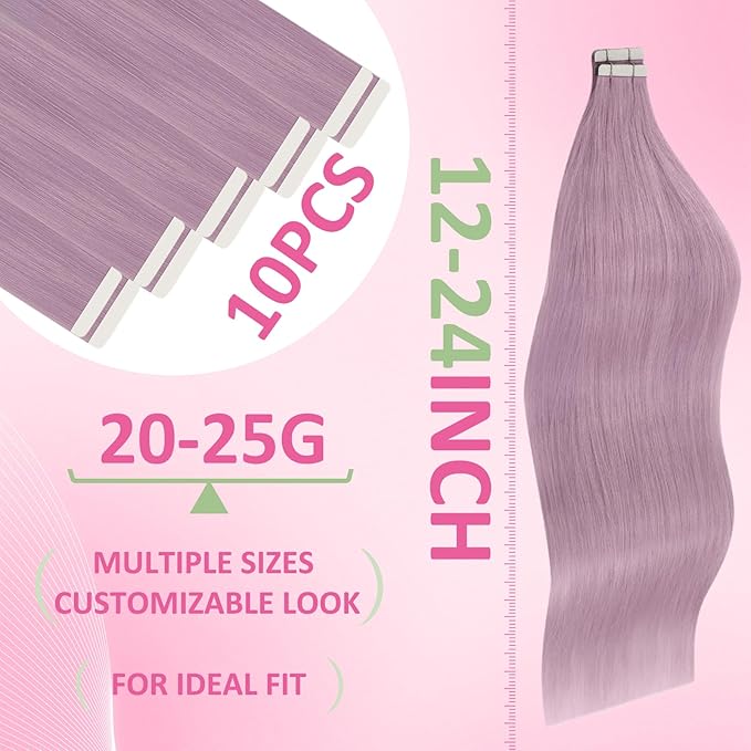 YoungSee Blue Tape in Hair Extensions Real Human Hair 24In Tape on Hair Extensions 10pcs Invisible Tapes in Hair Extension Human Hair Blue Tape ins Extension for Cosplay 25g