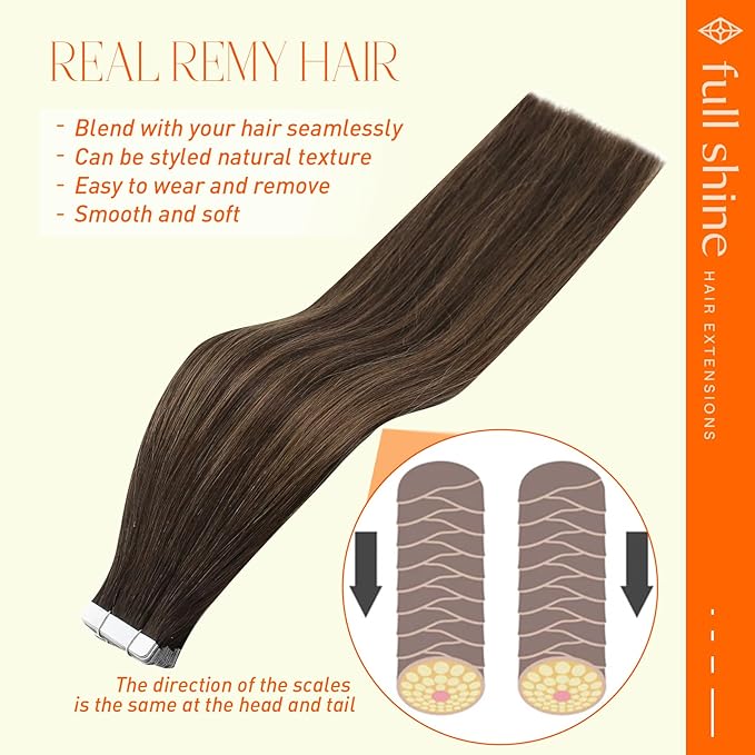 Full Shine Tape in Hair Extensions Real Human Hair 20Inch Double Sided Hair Extensions Tape in Adhesive 20Pcs 50G Dark Brown to Ash Brown Seamless Tape in Extensions Invisible Skin Weft Add Volume