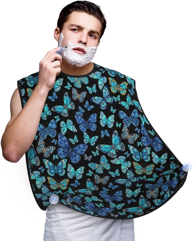 Beard Hair Catcher Bib, Waterproof Non-Stick Grooming Apron for Shaving Trimming, Perfect for Men Dad, Beautiful Butterflies Blue Butterfly Shave Bib