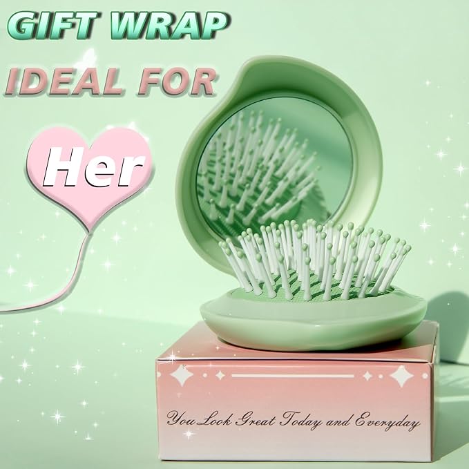 Travel Hair Brush and Mirror Como, Compact Mirror with Mini Hair Brush Set, Folding Hairbrush for Women, Small Hair Comb with Mirror for Purse, Round Green 1 Pack and Peach Green 1 Pack