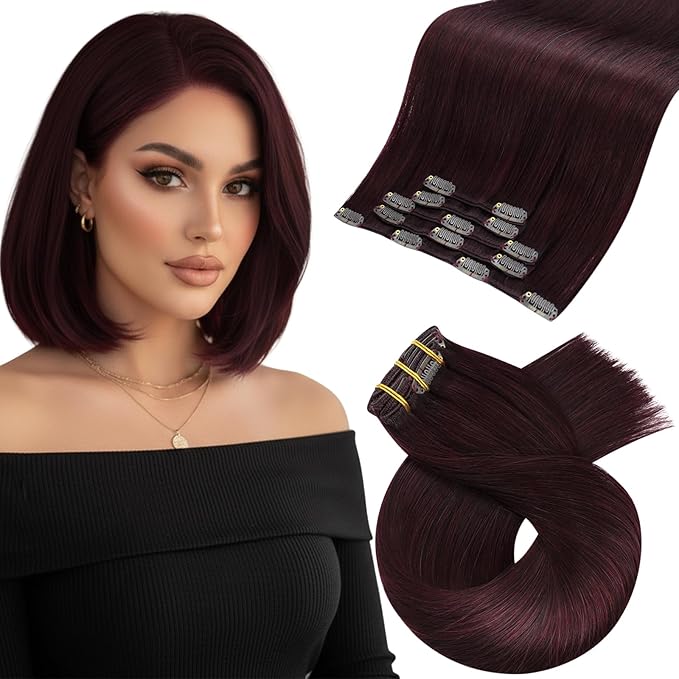 Moresoo Burgundy Clip in Hair Extensions Short Clip in Human Hair Extensions Red Wine for Women Real Human Hair Double Weft #99j Dark Red 80g/5pcs 12 inch