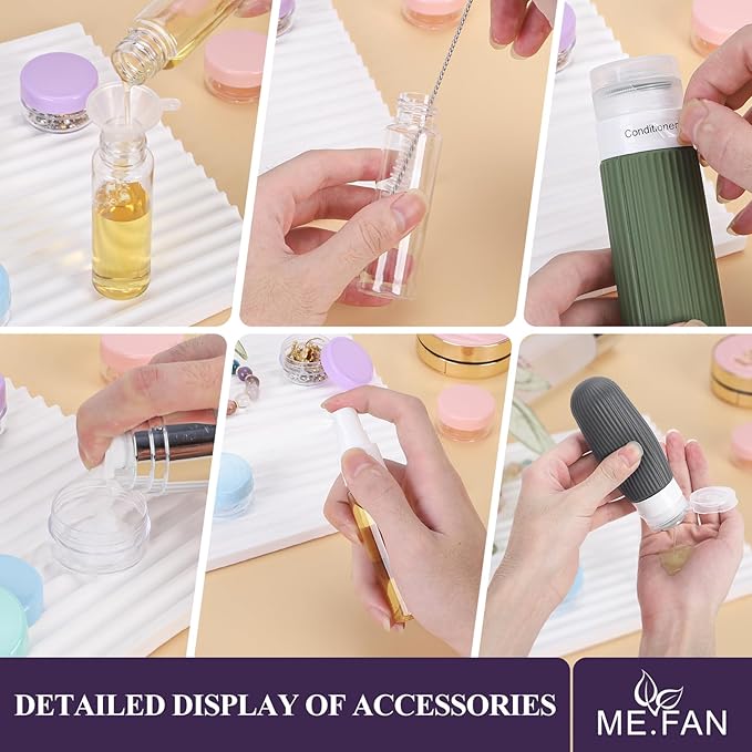 ME.FAN 18 Pack Travel Bottles for Toiletries, TSA Approved Silicone Portable Size Bottle, Refillable Cosmetic Container Kits for Conditioner, Shampoo, Lotion,Face Cream - Morandi
