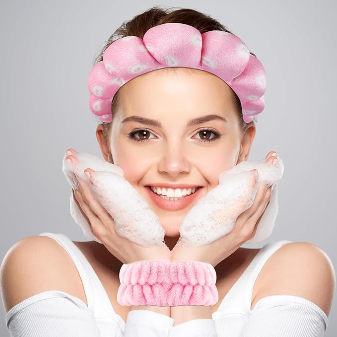 Zkptops Spa Headband for Washing Face Wristband Set Sponge Makeup Skincare Velvet Fabric Bubble Soft Get Ready Hairbands for Women Puffy Headwear Non Slip Thick Thin Hair Accessory (Pink Nuts)