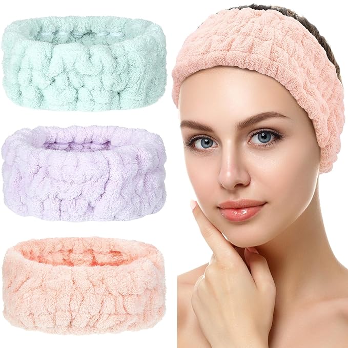 Chuangdi 3-Piece Spa Headband Set - Soft Terry Cloth Hairbands for Women's Facial Makeup, Washing, Face Mask, Spa & Shower - Light Orange, Purple, Green