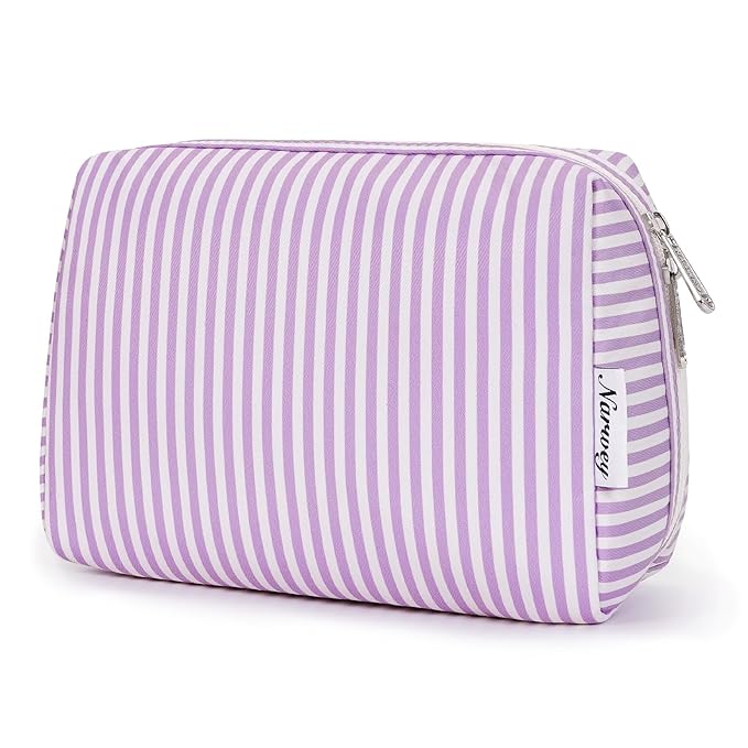 Narwey Striped Makeup Bag Travel Cosmetic Bag Organizer Toiletry Bag Make Up Bags with Compartments for Women Girls (Large, Purple Stripe)